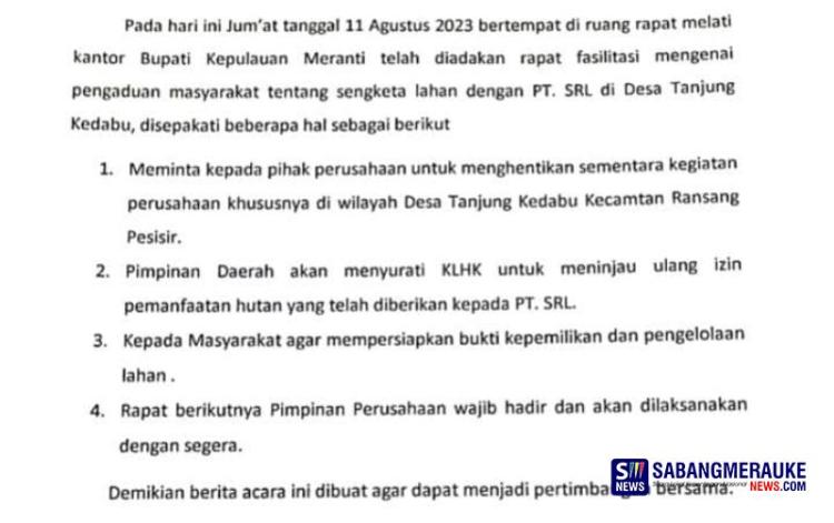 4 Hasil Rapat Pemkab Meranti Soal Penolakan Warga atas Pembukaan Lahan PT Sumatera Riang Lestari: Bupati Surati Menteri LHK Tinjau Ulang Izin HTI