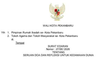 Walikota Pekanbaru Terbitkan SE Seruan Doa dan Refleksi untuk Kedamaian Dunia